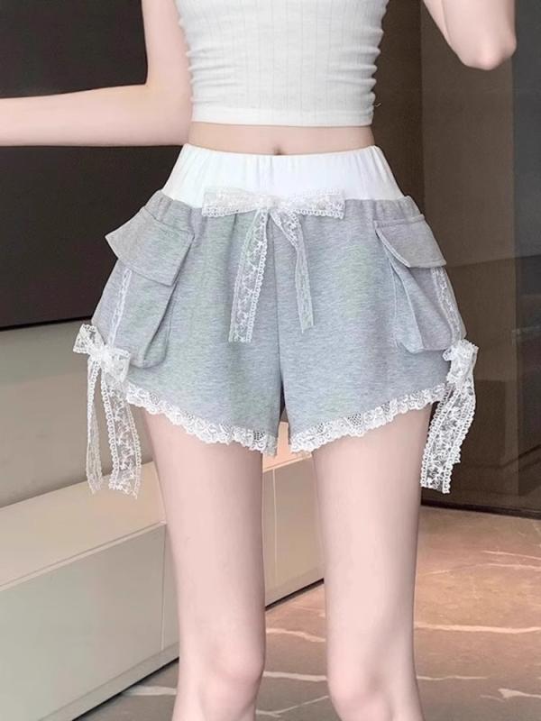 レディース ショートパンツ 春夏 接触冷感 ポリエステル スパンデックス ハイウエスト ストレート 膝上丈 薄手 レース 蝶結び 切り替え デザイン ゆったり かわいい 工装風 すっきり シルエット グレー ブラック カジュアル 普段使い 通勤 軽量 通