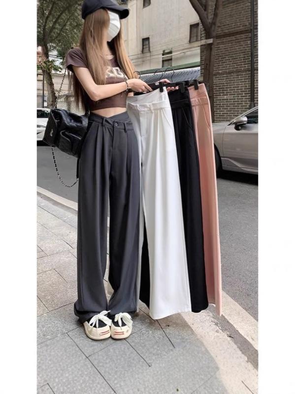 レディース ワイドパンツ 夏用 グレー 垂感 西装パンツ 女性用 高腰 スリム デザイン 快適 直筒 薄手 ポケット 付き 気質 通勤 スタイル ポリエステル 素材 無弾性 長丈 ゆったり シルエット 日常使い 軽量 吸湿速乾 機能 ブラック ホワイト
