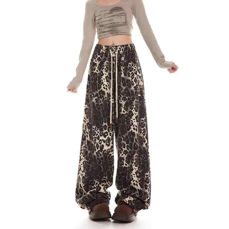 レディース 工装パンツ ヒョウ柄 ワイドレッグパンツ ミリタリースタイル 直筒 ロングパンツ ミッドライズ 中厚手 コットン混 ポリエステル混 無弾性 秋冬 ストリートファッション ヒップホップ ユース ビンテージ風 ホワイト ブラック ピンク アイボリ