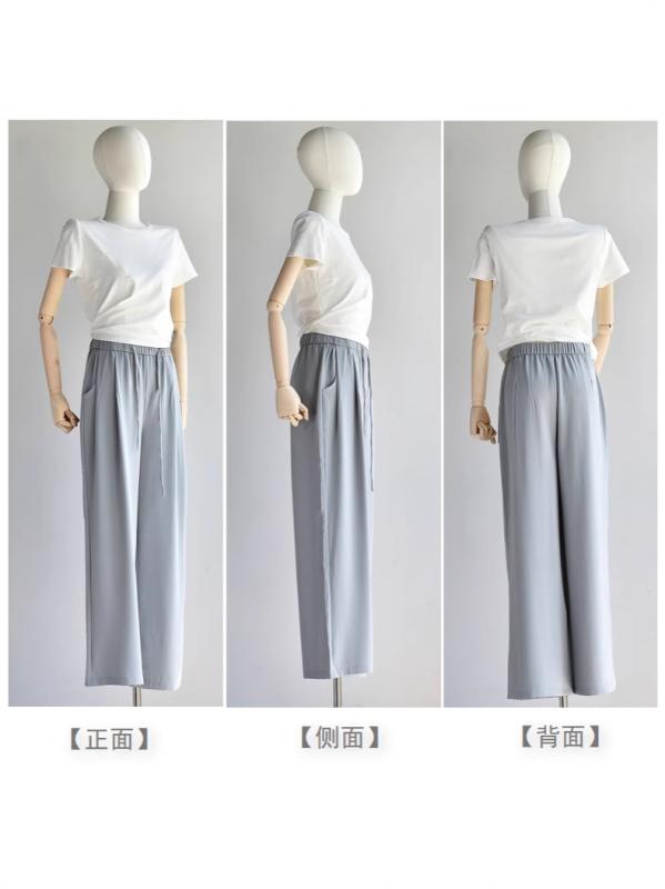 レディース 夏 ワイドパンツ 薄手 高腰 直筒 クロップド 垂感 ポリエステル ?? 素材 軽量 シワ加工 シンプル デザイン 日韓 スタイル かわいい 清新 普段使い 通勤 通学 薄霧グレー 黒 白 ピグメント カラー