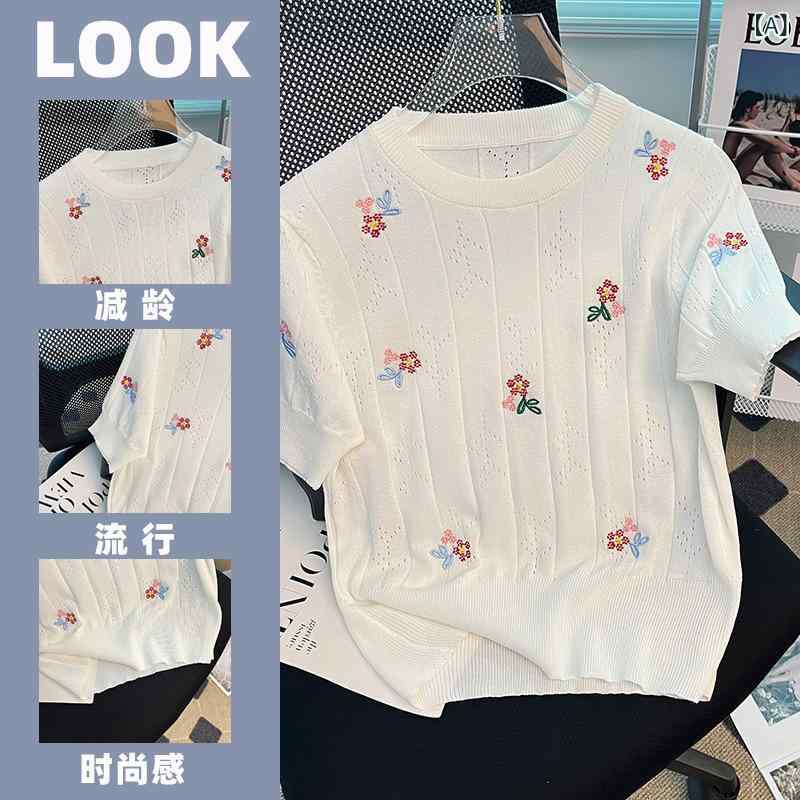ニット トップス 女性用 夏 薄手 短袖 レース 刺繍 印花 接触冷感 粘膠繊維 ゆったりシルエット ローランドカラー 丸首 五分袖 軽量 吸湿速乾 通勤 普段使い かわいい スタイル 快適 休?