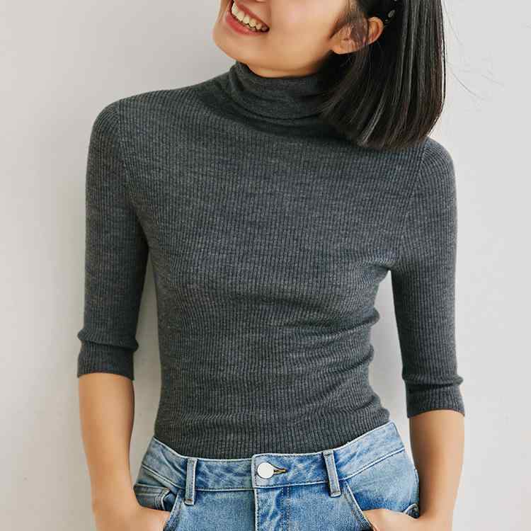 ニット トップス 女性用 秋冬 高領 薄手 羊毛 切り替え 修身 半袖 通勤 気質 セットインスリーブ 単品 グレー ブラック ベージュ 吸湿速乾 軽量 伸縮性 普通丈 ピュアカラー セットアップ