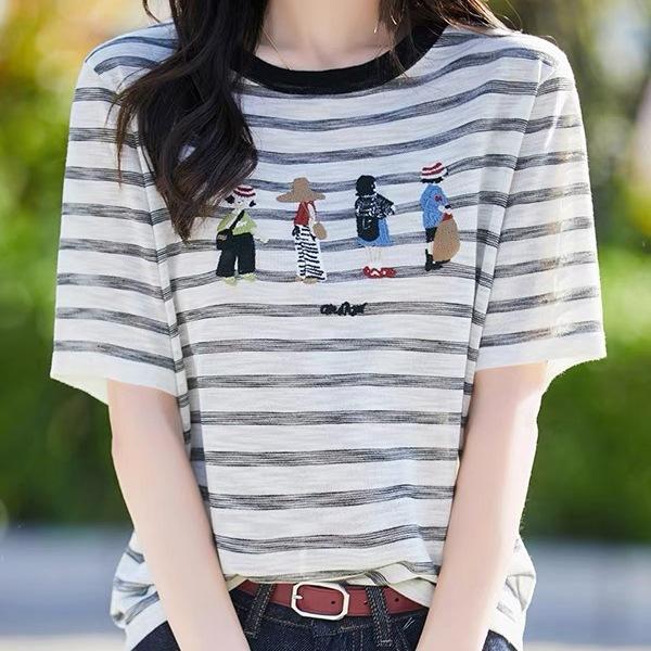 Tシャツ レディース 夏 接触冷感 リヨセル ポリエステル ストライプ刺繍 半袖 ルーズフィット インナー ブラック ネイビー 切り替え 吸湿速乾 軽量 伸縮性 セットアップ 普段使い 通勤 カジュアル