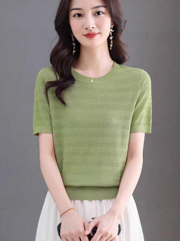 Tシャツ 女性用 夏 接触冷感 ニット インナー トップス 丸首 ゆったり 薄手 半袖 切り替え ビッグシルエット ピンク系 ライトブルー ライトブラウン ライトグリーン ワインレッド 通勤 カジュアル 吸湿速乾 軽量 伸縮性 快適