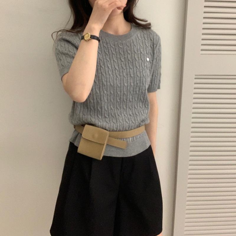 ニットトップス 女性用 春夏 薄手 ニットセーター ケーブル編み 丸首 三分袖 ゆったり上衣 接触冷感 伸縮性 灰色 乳白色 ブルー ブラック 日常使い 快適 軽量 ?? ポリエステル