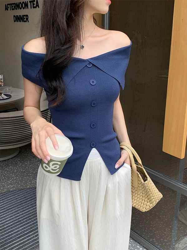 針織トップス 女性用 夏用 接触冷感 修身 ブラック ブルー ホワイト オレンジ セットインスリーブ ボートネック スリット 切り替え 軽量 伸縮性 吸湿速乾 甘辛スタイル セクシー 私服 かわいい 個性的 ユニセックス