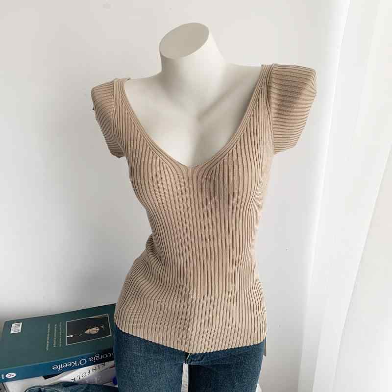 ニットトップス 女性用 修身 Vネック フラッター袖 スリーブレス ニットシャツ 体型カバー アクセントスリーブ 痩せ見え 半袖 トップス 接触冷感 ニット 綿混 再生繊維 中厚 スリムフィット ベーシックスリーブ 春夏 デイリー かわいい フェミニン