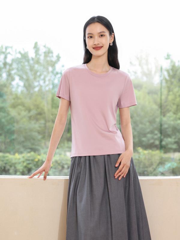 Tシャツ 女性用 春夏 桑蚕糸 綿 混紡 ワイドシルエット シンプル ベーシック 透気性 防紫外線 スリム効果 短袖 トップス 気質 通勤 スタイル 修身型 普通丈 純色 花香ピンク 静かブラック ミルクホワイト グリーンホワイト グリーン ピンク レッ