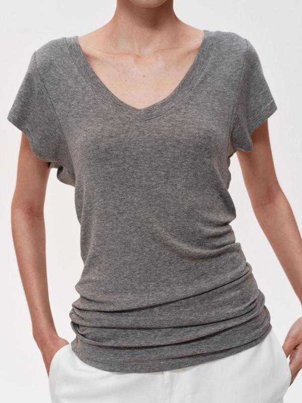 Tシャツ 女性用 短袖 Vネック 修身 スリムフィット 中長丈 天竺 ライセル 接触冷感 吸湿速乾 通勤 普段使い カジュアル ブラック ホワイト グレー 純色 気質 春夏