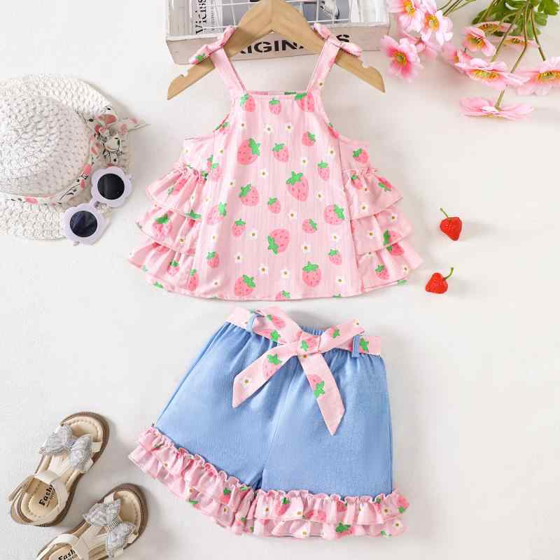 女児 トップス ショートパンツ セット 春夏 ピンク 花柄 草莓 プリント フリル ウエストゴム 腰紐付き 綿混紡 柔らかい かわいい かっこいい スポーツ プリンセス スタイル キャミソール キャミ 吊り紐 短袖 ベビー 幼児 女の子 通気性 吸湿 速