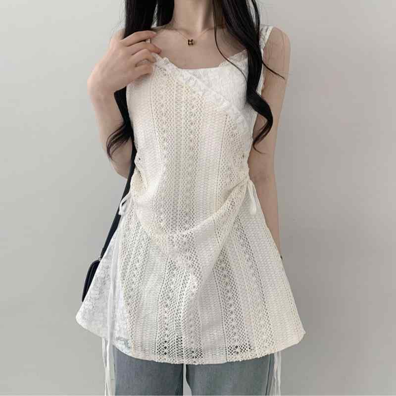 レディース 春夏 吊り紐 ブラウス レイヤード ガウン スカート インナー ミニスカート 蕾? 切り替え Vネック 無袖 Aライン 調整可能 ウエスト 米白色 ポリエステル 95%以上 甘め フレッシュ 日韓 カジュアル 軽やか レイヤリング レイス 素