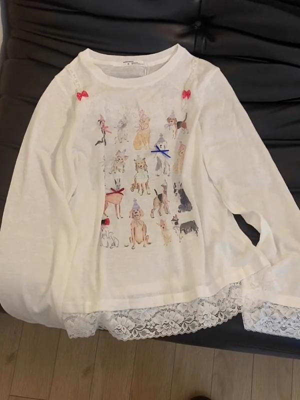 Tシャツ 女性用 長袖 切り替え レース デザイン コットン ポリエステル 素材 柔軟 快適 ルーズフィット 修身型 普通丈 丸首 プリント アニメ 柄 日常 外出 防UV 機能 秋 シーズン 白色 カジュアル スタイル 日韓 風
