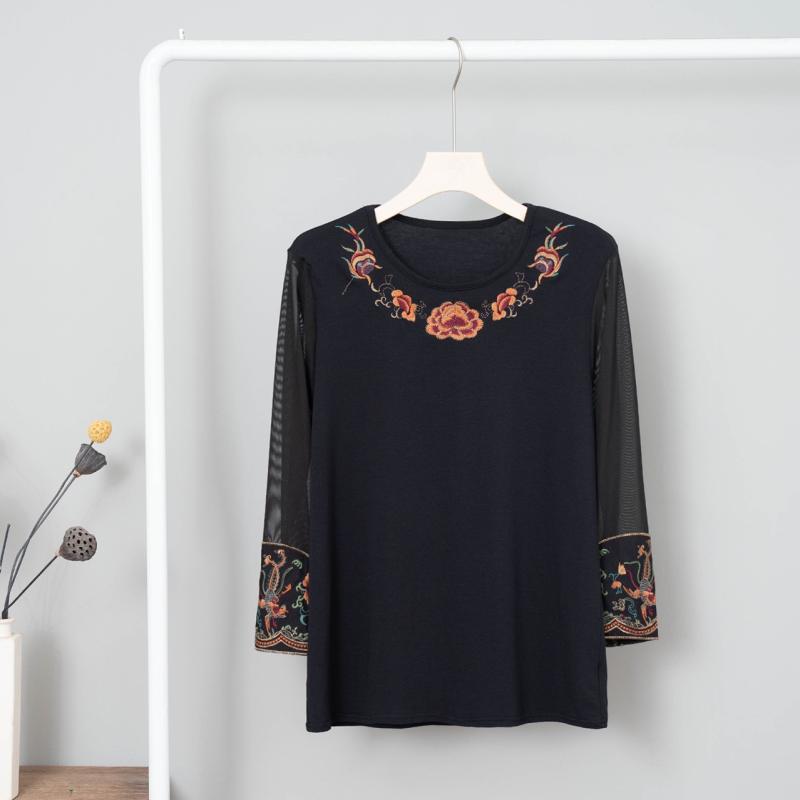 Tシャツ レディース 春夏 黒 接触冷感 モダール 綿混 スパンデックス 刺繍 網ヤーン 丸首 ゆったり 七分袖 インナー 復古 民族風 ボヘミアン ゆったりトップス 吸湿速乾 軽量 部屋着 普段使い カジュアル