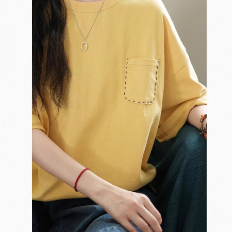 ティーシャツ お上さん用 短袖 トップス 綿原材料 純色 ゆったり影ぼうし ラウンドのど首 手縫い 精神状態 通い表現スタイル 吸湿速乾 ともし火黄み 春夏 普段使い走り 軽さ 伸縮性 決まりきった丈 セットインスリーブ Tシャツ・カットソー-トップス