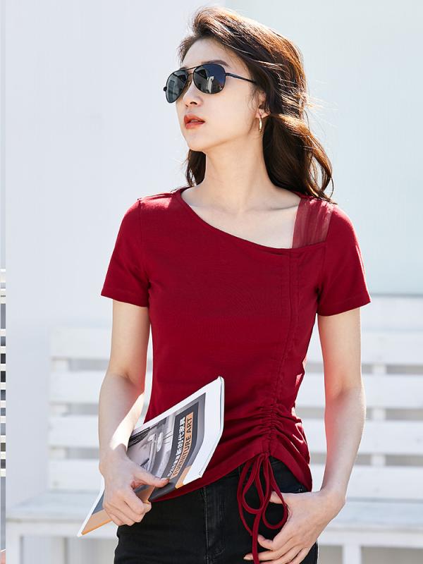 Tシャツ 女性用 春夏 ブラック ワインレッド カーキ 短袖 斜めVネック 網?切り替え 抽? プリーツ 綿 スパンデックス 修身 気質 通勤 普段使い 吸湿速乾 軽量 伸縮性 高級感 トレンド