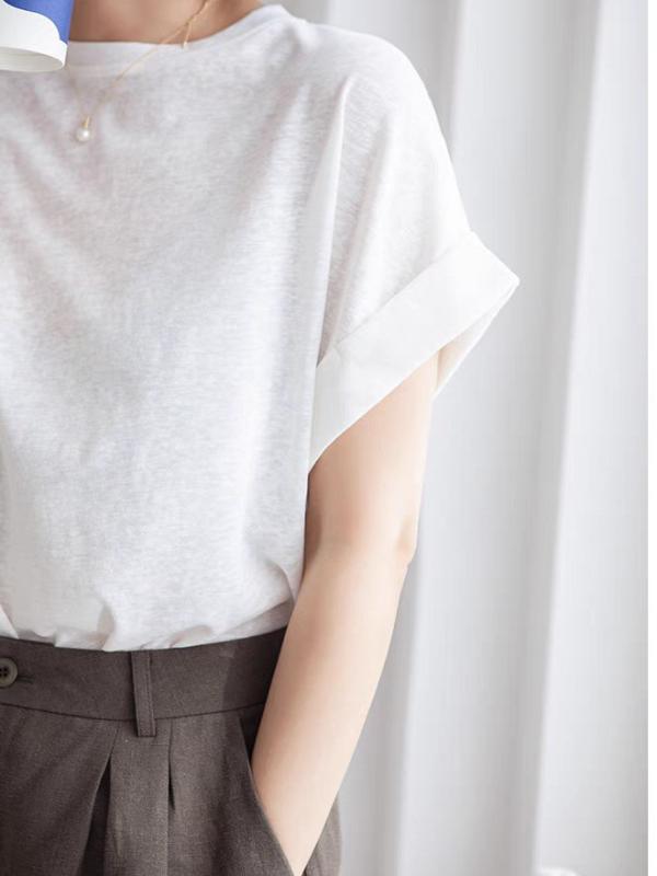 Tシャツ 女性用 麻綿素材 短袖 ゆったりシルエット 接触冷感 吸湿速乾 ラウンドネック フレアスリーブ 日常使い 軽量 透気性 肌触り良い 純色 ホワイト ブラック カーキ系 春夏向け トップス カジュアル