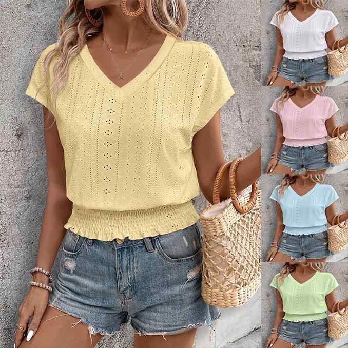 春夏 女性用 トップス シャツ 短袖 Tシャツ Vネック 切り替え 刺繍 透け感 デザイン ルーズフィット バットスリーブ フリル 縁取り かわいい 甘め スタイル 普段使い 軽量 綿混 素材 白色 蛍光グリーン イエロー ライトブルー ピンク 通年
