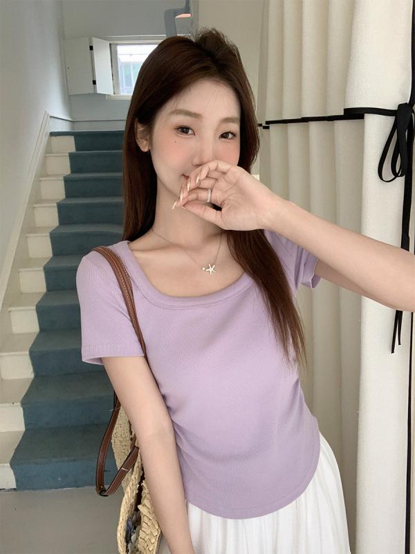 Tシャツ 女性用 夏 短袖 方領 プリーツ 修身 綿 スパンデックス 接触冷感 純色 シンプル カジュアル 日韓風 芋泥紫 ミルクイエロー ブラック ホワイト かわいい 気質 上品 トップス 普段使い 軽量 伸縮性 吸湿速乾