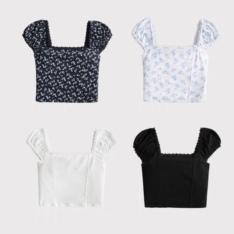 Tシャツ 女性用 夏 修身 短袖 フラワー柄 スクエアネック レース コットン 紫色 ライトブルー ネイビー ブラック ホワイト 通勤 気質 吸湿速乾 軽量 接触冷感 ビッグシルエット