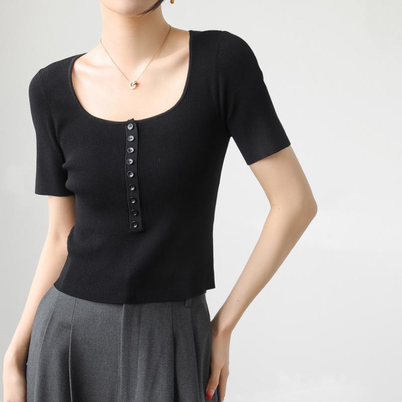 Tシャツ 女性用 夏 修身 短め 5分袖 方領 ボタン 接触冷感 ニット ピッタリ ピュアカラー スレンダー 米杏 ブラック 伸縮性 軽量 吸湿速乾 私服 シック トップス インナー|LiLishop6
