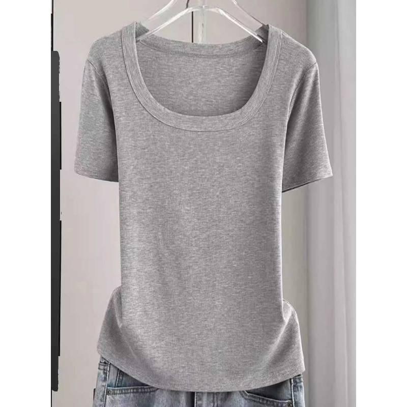 Tシャツ 女性用 短袖 方領 綿素材 修身 スリム ビッグサイズ 微胖対応 基礎 トップス 気質 通勤 都市スタイル 純色 ブラック ホワイト ライトグレー ピンク系 グレー系 軽量 伸縮性 吸湿速乾 夏 春夏