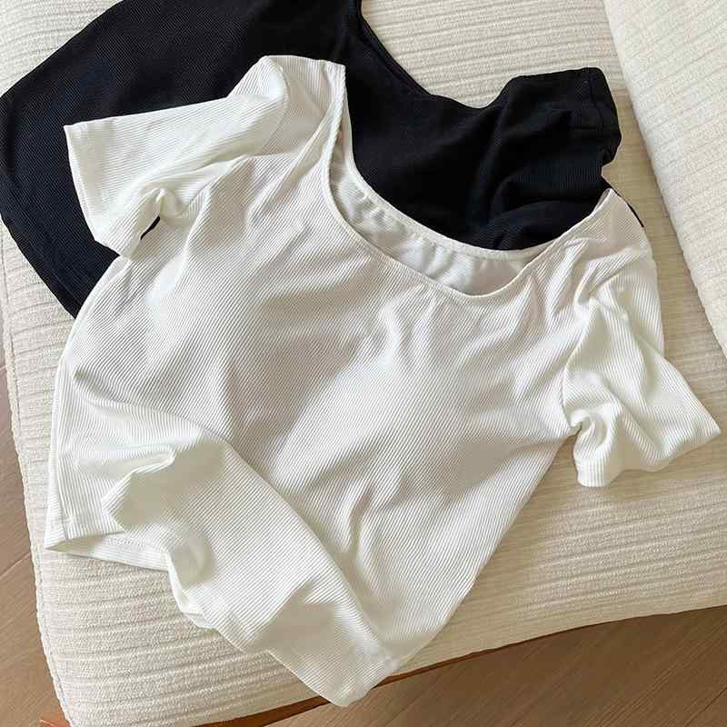 Tシャツ レディース 短袖 修身 スリム 秋冬 接触冷感 トップス シンプル ベーシック 百搭 セットアップ ショート丈 スクエアネック ルーズフィット ストリート カジュアル セクシー ホワイト ブラック 軽量 吸湿速乾 伸縮性 コットン素材 日常使い