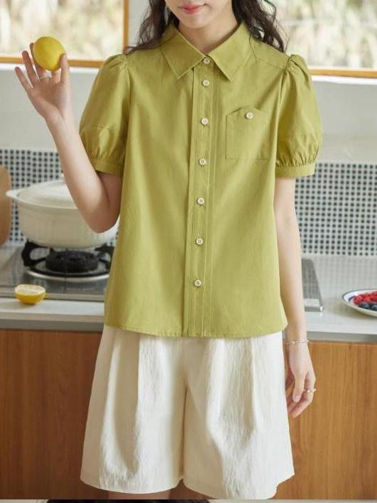 シャツ 女性用 夏 通勤 フレンチ ヴィンテージ スクエアネック 切り替え 泡泡袖 短袖 条紋 綿 ポリエステル 混紡 ブルー グリーン ストライプ ゆったり トップス シャツ ブラウス ライト コットン 通気性 吸湿 速乾 気質 スタイル 開襟 シング
