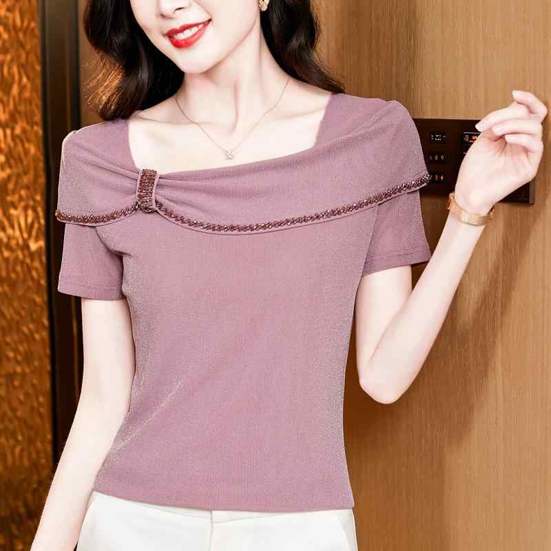 Tシャツ 女性用 夏 春夏 方領 短袖 ネット生地 スパンコール 純色 修身 ブラック ピンク ブルー 吸湿速乾 接触冷感 軽量 伸縮性 普段使い 私服 カジュアル