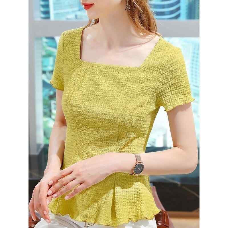 Tシャツ 女性用 短袖 半袖 春夏 通勤 普段使い 気質 収腰 ウエストシェイプ 腹部カバー スクエアネック トップス 木耳エッジ 軽量 黄色 ブラック ホワイト コットン混 伸縮性 ビッグシルエット かわいい 吸湿速乾 接触冷感