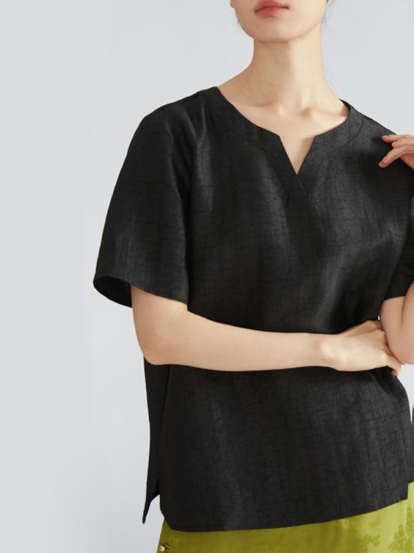Tシャツ レディース 桑蚕? 短袖 Vネック 春夏 赤 緑 黒 ゆったり トップス ワイドシルエット 普通丈 純色 優雅 復古 吸湿速乾 軽量 通勤 普段使い 接触冷感 再生繊維 切り替え 異色