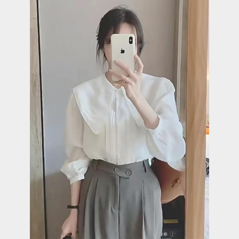 シャツ 女性用 春夏 白 フレンチカラー 泡泡袖 長袖 トップス かわいい ドルマンスリーブ チョーカー シフォン 超短丈 気質 通勤 普段使い 軽量 ポリエステル 伸縮性 吸湿速乾 クラシック フェミニン