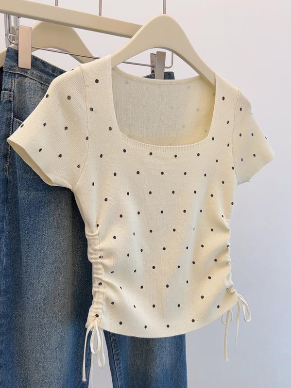 Tシャツ 女性用 夏 短袖 収腰 方領 修身 波点柄 コットン 薄手 短丈 軽量 吸湿速乾 接触冷感 ブラック ホワイト グリーン ベージュ 私服 ゆったりフィット 日常使い 伸縮性 ソフトタッチ