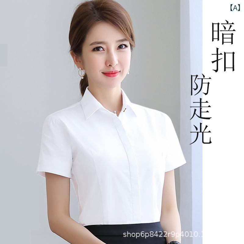 シャツ レディース 短袖 コットン 収腰 方領 切り替え ビジネス 職業服 夏 トップス 白 ライトブルー かわいい 学院風 軽量 吸湿速乾 通勤用 普段使い 普通丈 通用体型