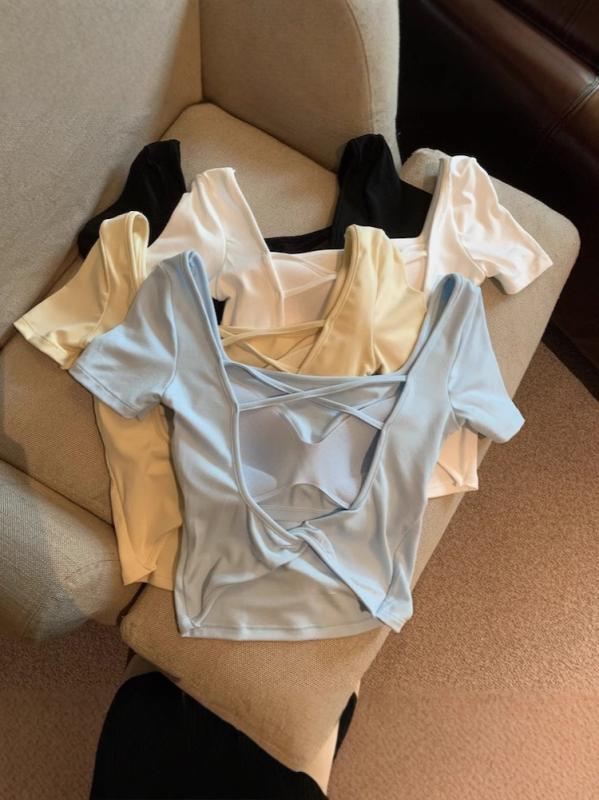 Tシャツ 女性用 春夏 短袖 背中開き クロスデザイン 修身シルエット 短丈 トップス 方領 綿素材 接触冷感 気質通勤 普段使い 軽量 吸湿速乾 切り替え デザイン ホワイト ブラック イエロー ブルー グレー