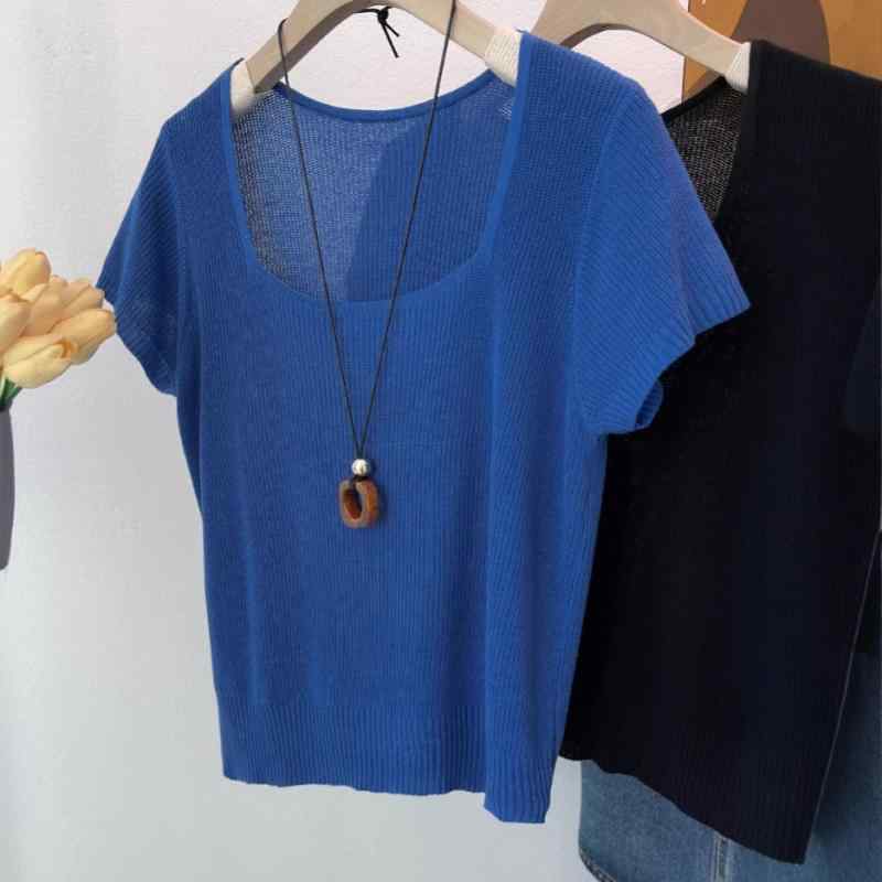 Tシャツ 女性用 短袖 方領 ゆったりシルエット 針織 接触冷感 夏 かわいい 深藍 黒 黄色 ライトブルー 杏色 吸湿速乾 軽量 伸縮性 通勤 普段使い 私服 御姐風 快適 休?