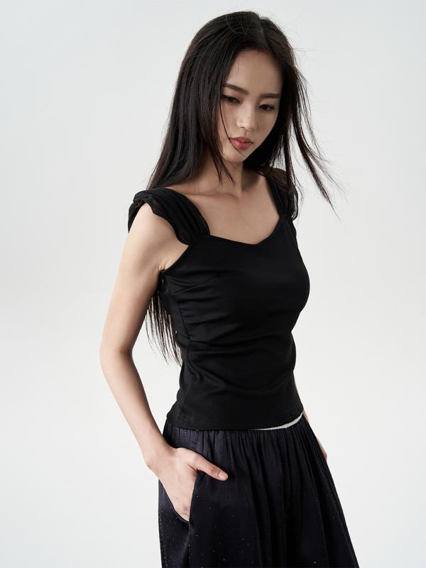 Tシャツ 女性用 無袖 コットン ストレッチ 修身 ショート丈 ブラック 春夏 街頭風 方領 純色 免・聞 スリム フィット コットン混 ナイロン混 潮人 スタイル カジュアル トップス