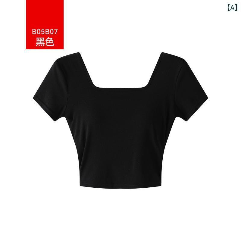 Tシャツ レディース 春夏 短袖 トップス 方領 セットインスリーブ 修身シルエット 胸パッド付き 背中クロスデザイン 粘着繊維 接触冷感 ブラック ホワイト 純色 セットアップ 日常使い 軽量 通勤 カジュアル 伸縮性 吸湿速乾 ハイネック ベーシック