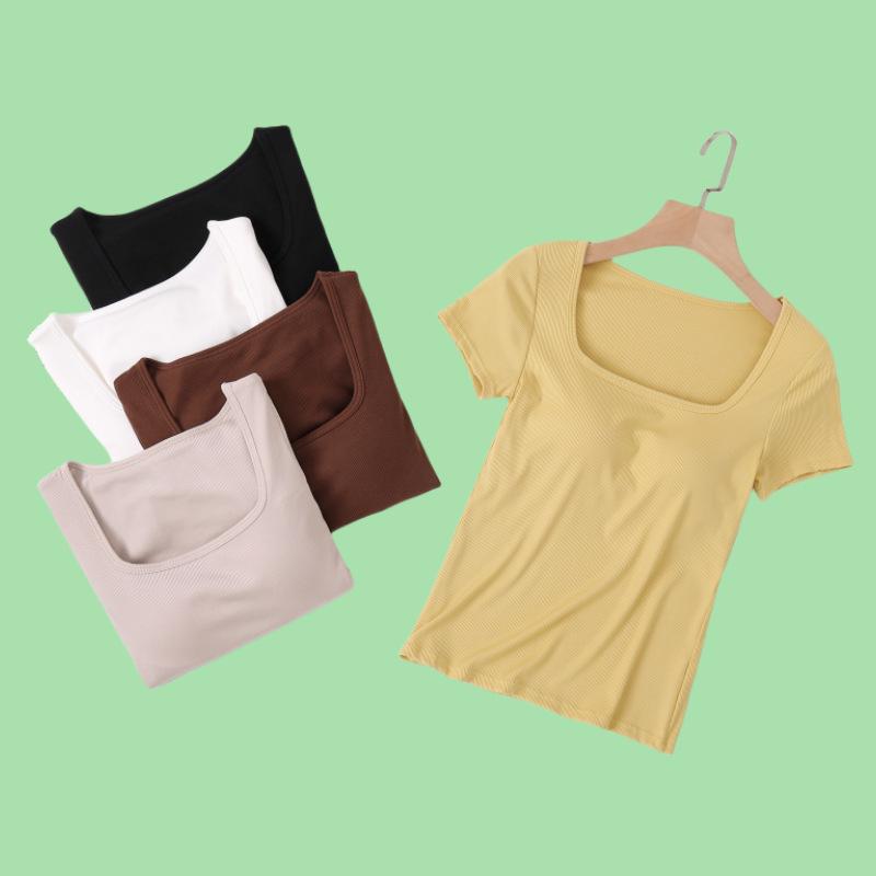 Tシャツ 女性用 ブラ内蔵 短袖 トップス インナー モダール 綿 接触冷感 修身 方領 白色 ブラック ピンク系 ベージュ系 ゴールド系 ブラウン系 清新 かわいい ホームウェア 部屋着 吸湿速乾 軽量 通勤 普段使い 春夏 サマー