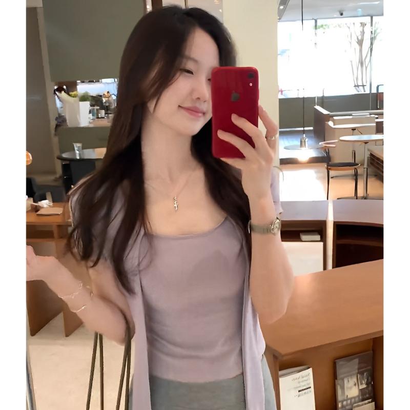Tシャツ 女性用 紫色 短袖 修身型 方領 夏用 デザイン性 スリム効果 ショール風 トップス 接触冷感 軽量 吸湿速乾 紫 カーキ グレー S M L XL サイズ展開