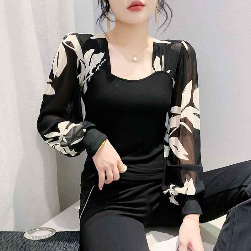 長袖 Tシャツ レディース 春夏 泡泡袖 方領 雪紡 切り替え レース ネット生地 修身シルエット 褶? プリント 樹葉柄 赤花柄 ゼブラ柄 日韓カジュアル 快適 普段使い インナー トップス ブラウス シャツ ニット