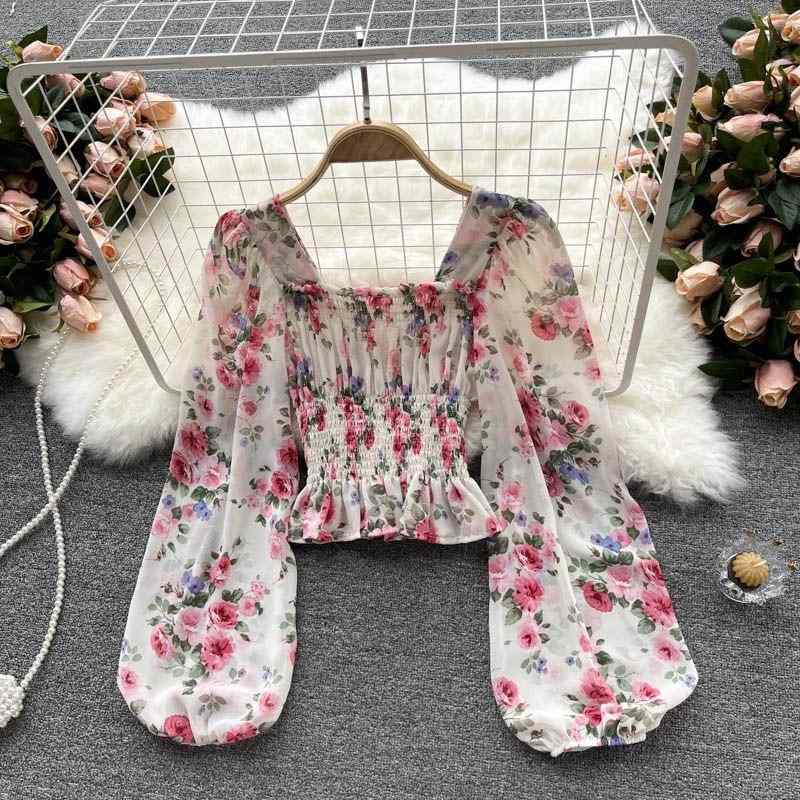 トップス 女性用 修身 短袖 フレンチ かわいい プリント シフォン シャツ 泡泡 灯芯袖 春季 ピンク イエロー ブラック ブルー 私服 ハイエンド スタイル 接触冷感 軽量 伸縮性 吸湿速乾 デイリー ウェア