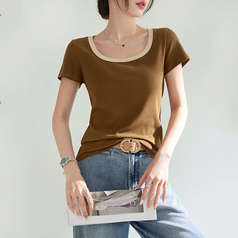 Tシャツ 女性用 夏 通勤風 接触冷感 修身 方領 短袖 セットイン 切り替え ブラック ネイビー ブラウン グレー 綿 粘膠繊維 気質 普段使い 軽量 吸湿速乾 ビッグシルエット Vネック トップス