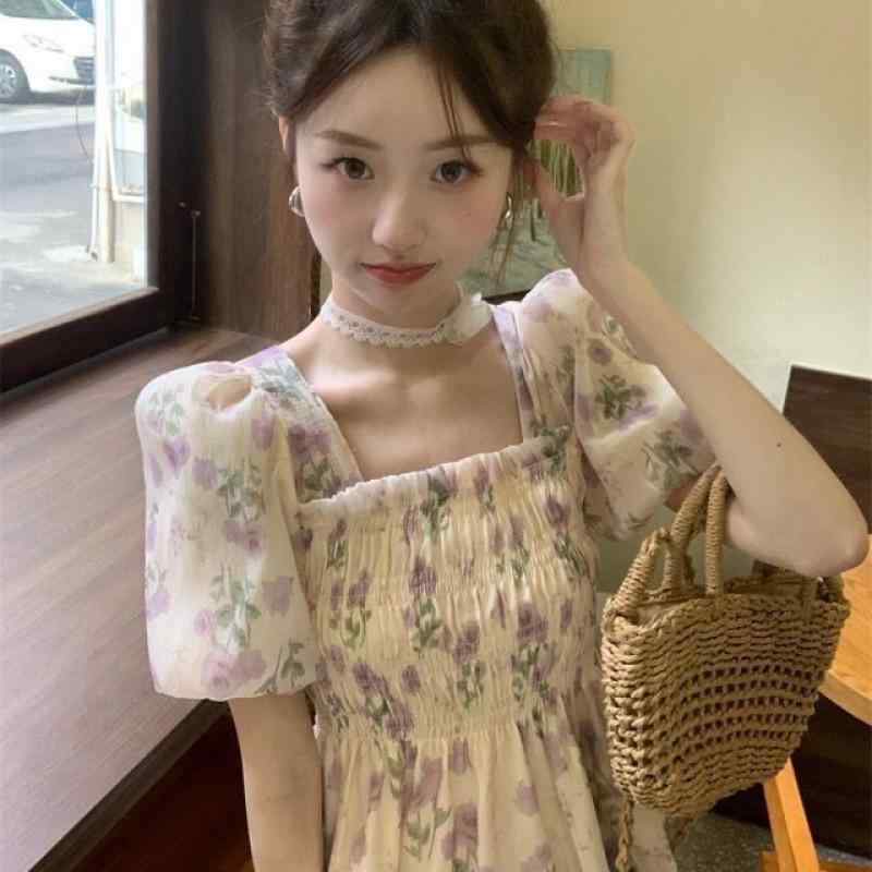 シャツ 女性用 夏 紫色 フラワー柄 シフォン トップス 短袖 ゆったり スクエアネック 泡泡袖 デザイン 防晒 気質 通勤 都市風 ポリエステル 吸湿速乾 軽量 接触冷感 かわいい インナー