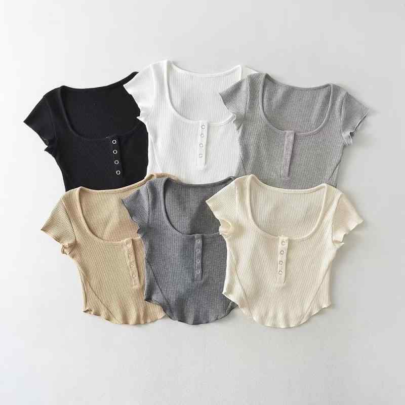 Tシャツ レディース 方領 切り替え 短袖 トップス 綿混 ストレッチ 修身 シルエット 弧形裾 弾力 華夫格 木耳袖 気質 デザイン 日常 着用 柔軟 素材 白色 ブラック カーキ グレー系 杏色 ストリート スタイル ダンス シーン ティーン ユース