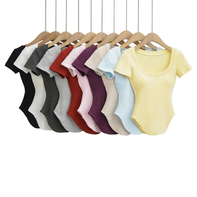 Tシャツ 女性用 春夏 セクシー Uネック ショート丈 修身シルエット 弧形裾 肩上デザイン 短袖 綿混紡 ポリエステル アニメ スパンデックス 無地 セットインスリーブ 切り替え スリムフィット スリム効果 ブラック ホワイト グレー ピンク レッド