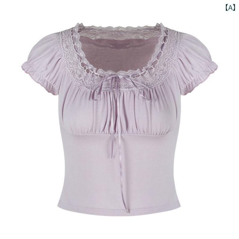 Tシャツ レディース 紫 白色 短袖 方領 修身 蕾? 花辺 印花 春季 桑蚕? 接触冷感 軽量 伸縮性 吸湿速乾 私服 普段使い かわいい デザイン トップス ブラウス 春夏 シルク調 爽やか フェミニン ユースフル