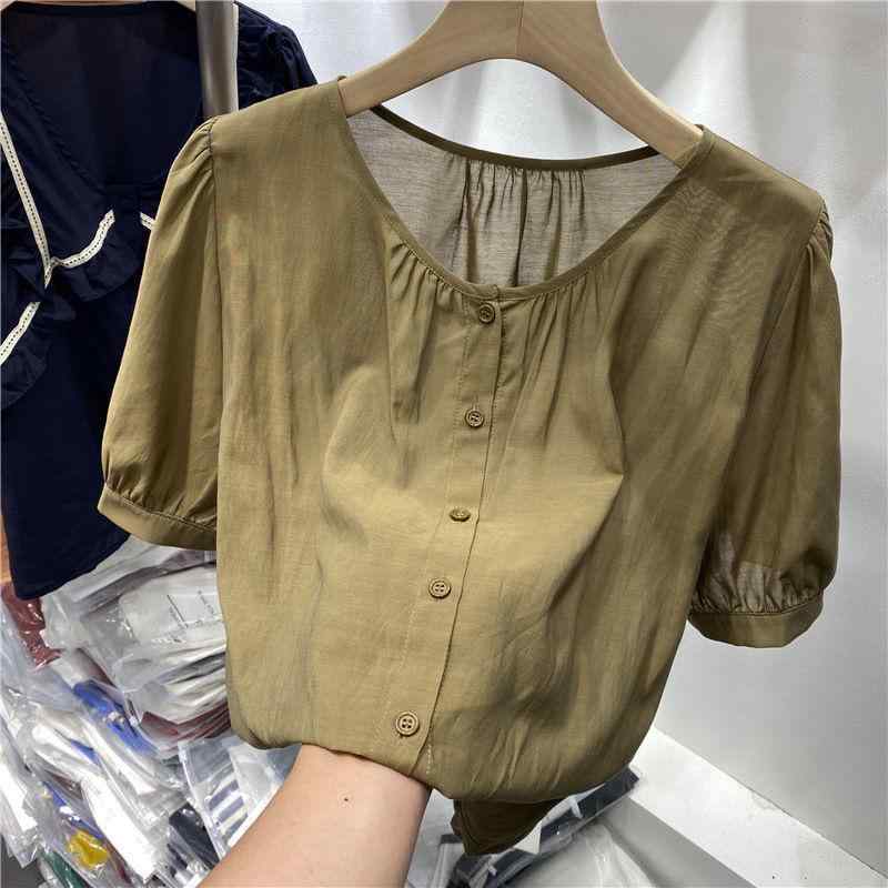 レディース シャツ トップス 女性用 夏季 短袖 泡泡袖 ルーズフィット シングルボタン 丸首 シフォン ポリエステル 素材 薄手 ライトウェイト 通勤 スタイル 都市風 気質 カーキ ホワイト テラコッタ ブルー 純色 無地 短丈 ゆったり シルエット