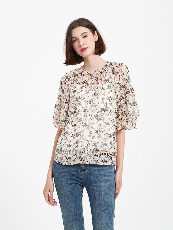 Tシャツ レディース 桑蚕? 真? 短袖 トップス シャツ ブラウス 女性用 夏 春夏 花柄 プリント フレア袖 荷叶袖 透け感 シフォン 雪紡 素材 切り替え デザイン ゆったり ルーズ フィット 普通丈 ラウンドネック セットインスリーブ 清新 甘め