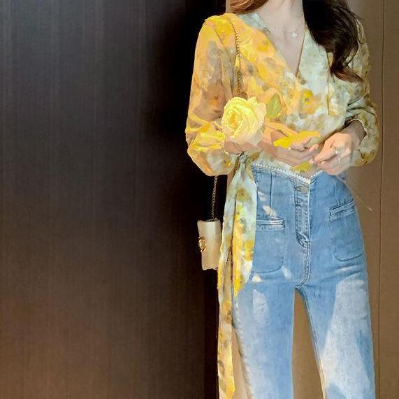 ブラウス 女性用 春夏 イエロー 花柄 シフォン素材 フレンチスタイル 系帯 短丈 フリル 袖 優しい 女性らしい トップス 軽量 透け感 フェミニン 私服 セットアップ ゆったりシルエット