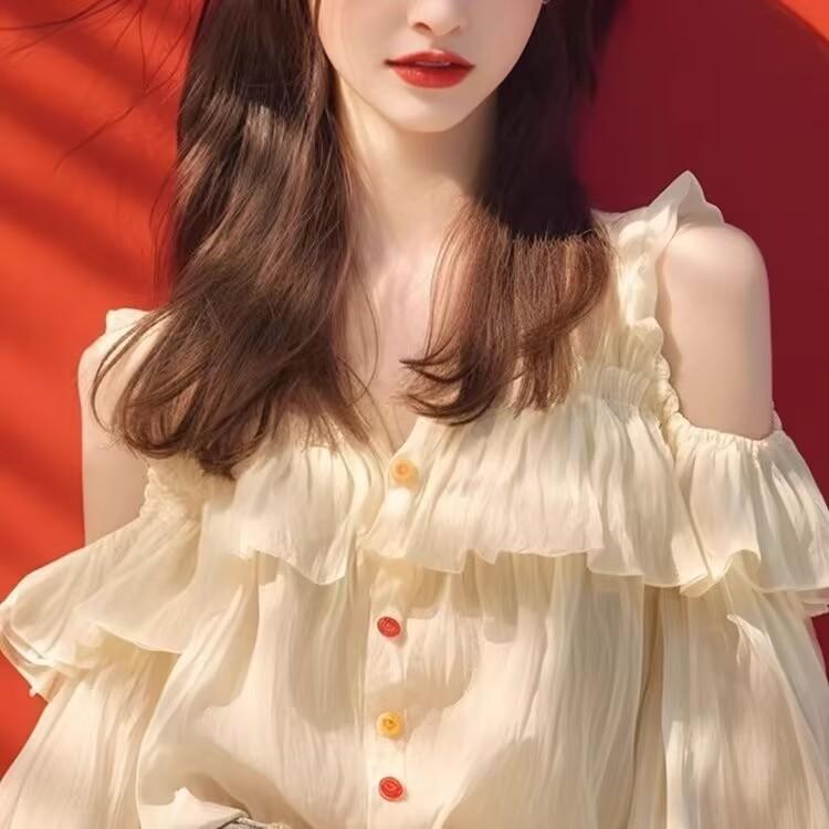 レディース シャツ トップス 杏色 長袖 灯?袖 露肩 デザイン フリル 切り替え 雪? 薄手 綿混紡 ワイドシルエット 気質 通勤 普段使い 春季 秋季 優雅 軽量 伸縮性 高級感